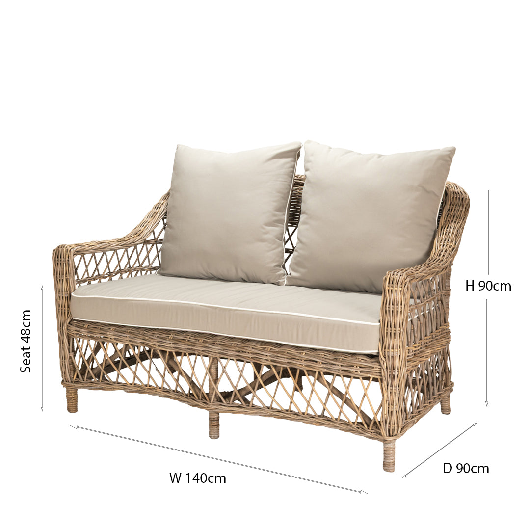 Wicker outdoor sofa with beige cushions and dimensions on a white background