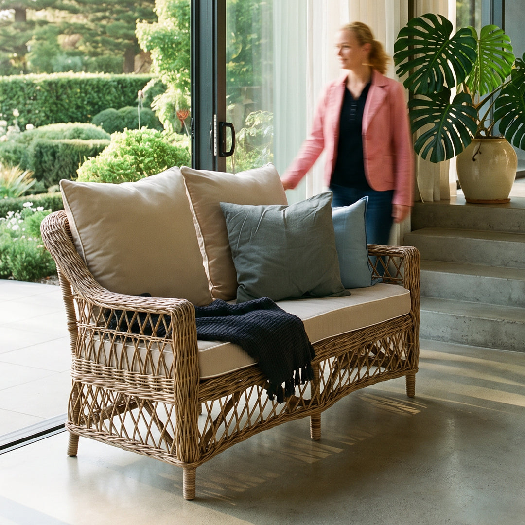 Wicker outdoor sofa with cushions and a person in the background