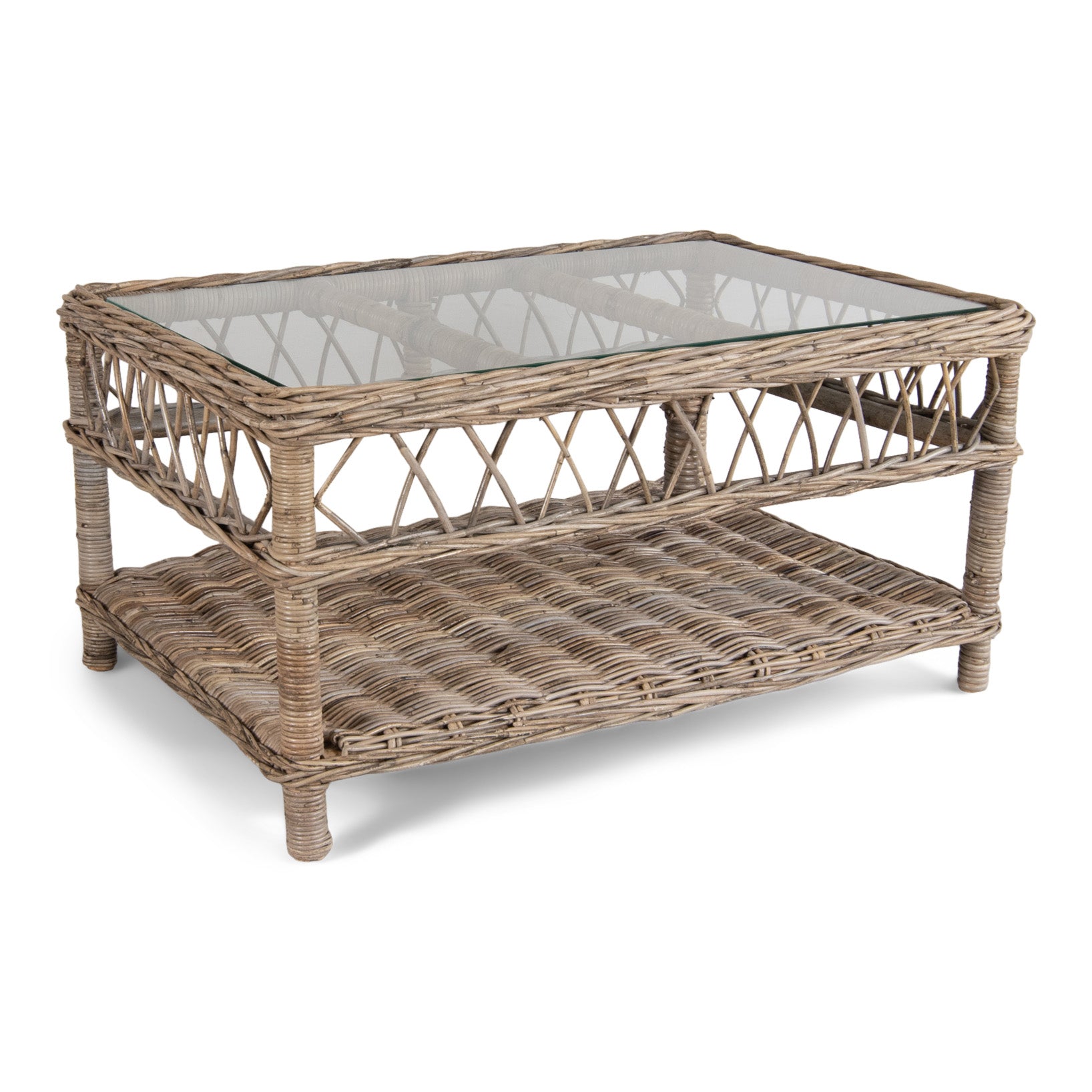 A natural brown wicker rattan coffee table with a glass top, suitable for indoor use or alfresco undercover settings.