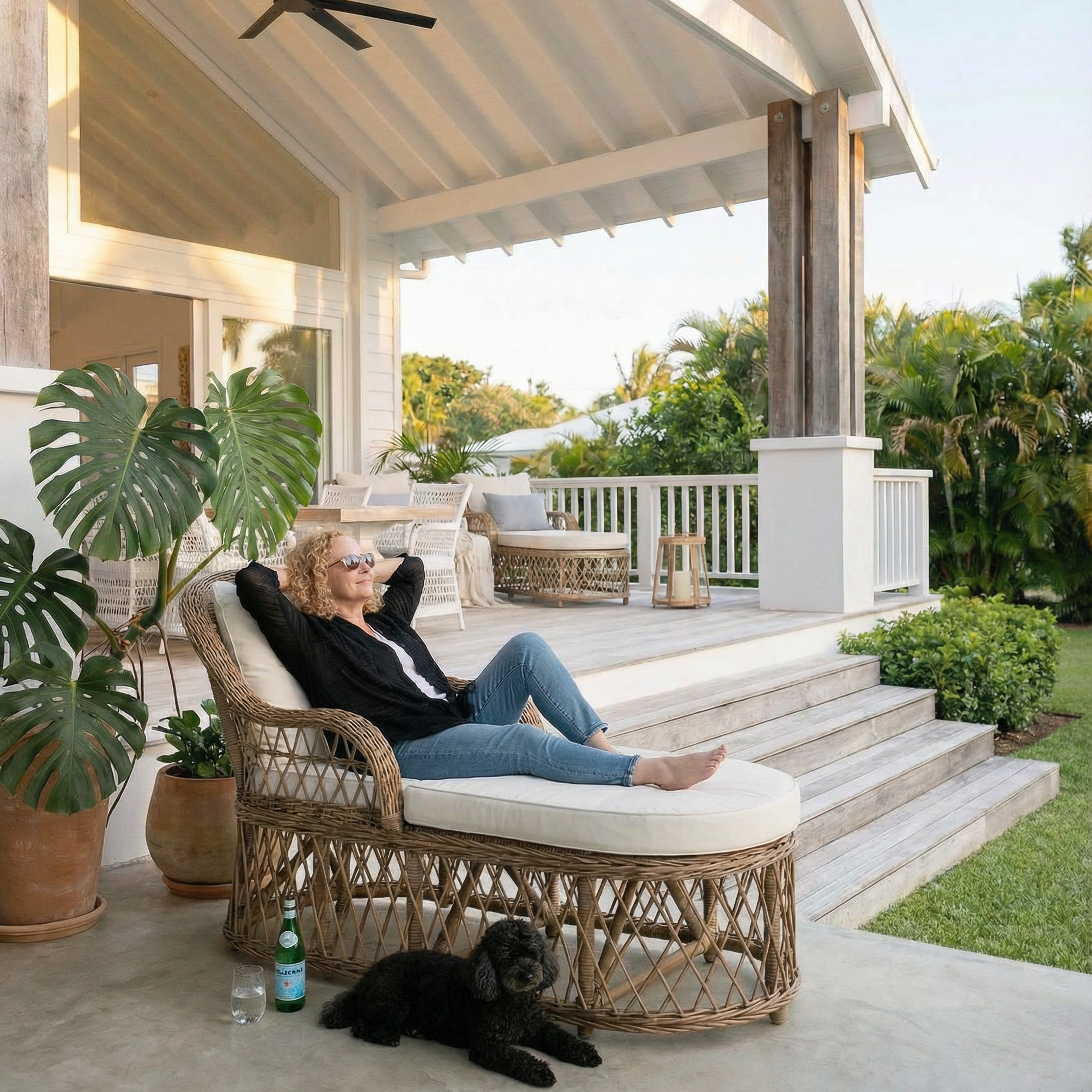 Woman relaxing on a wicker chair with a dog on a patio